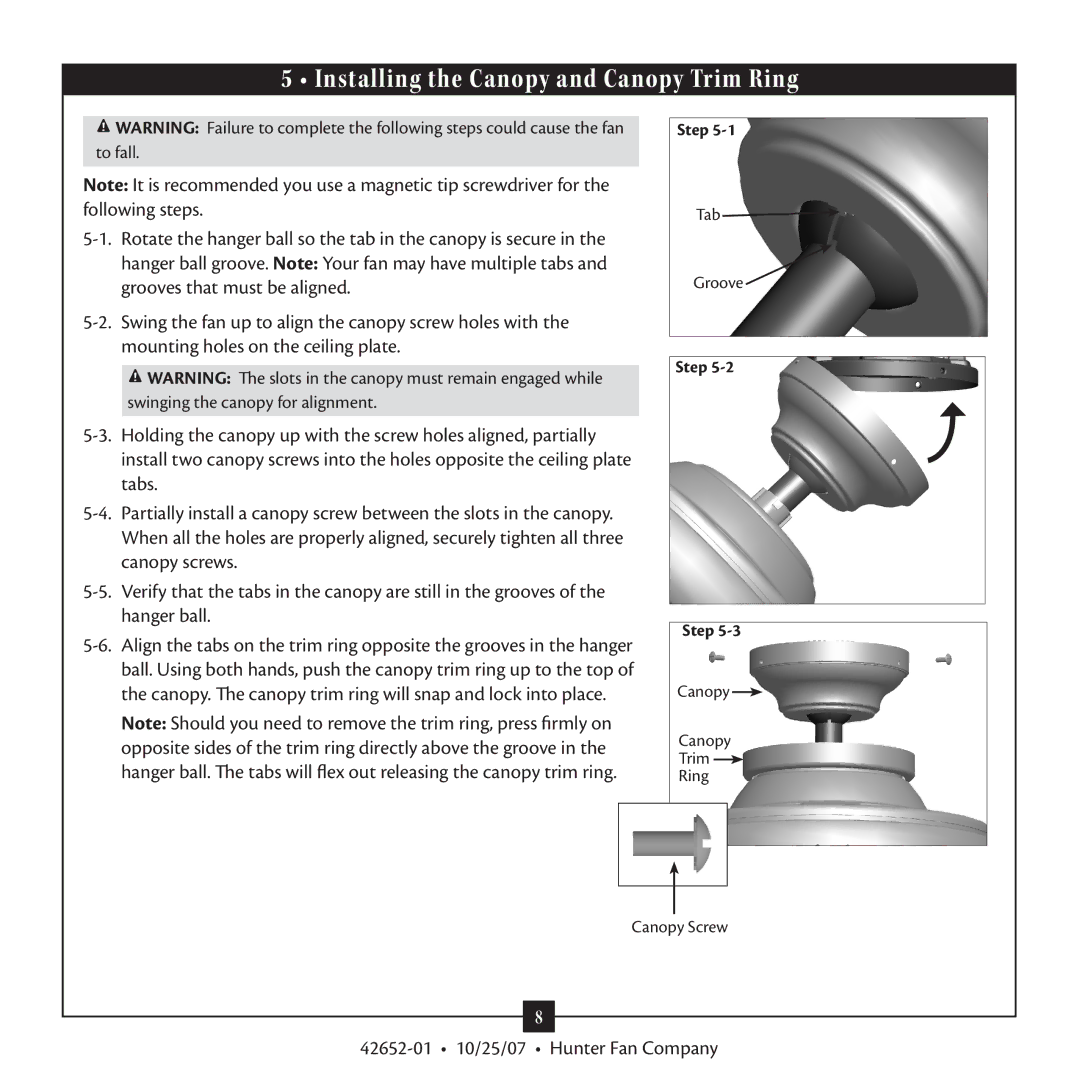 Hunter Fan 42652-01 warranty Installing the Canopy and Canopy Trim Ring 