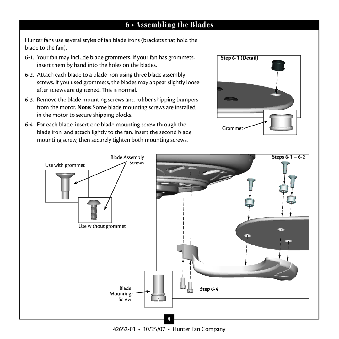 Hunter Fan 42652-01 warranty Assembling the Blades 