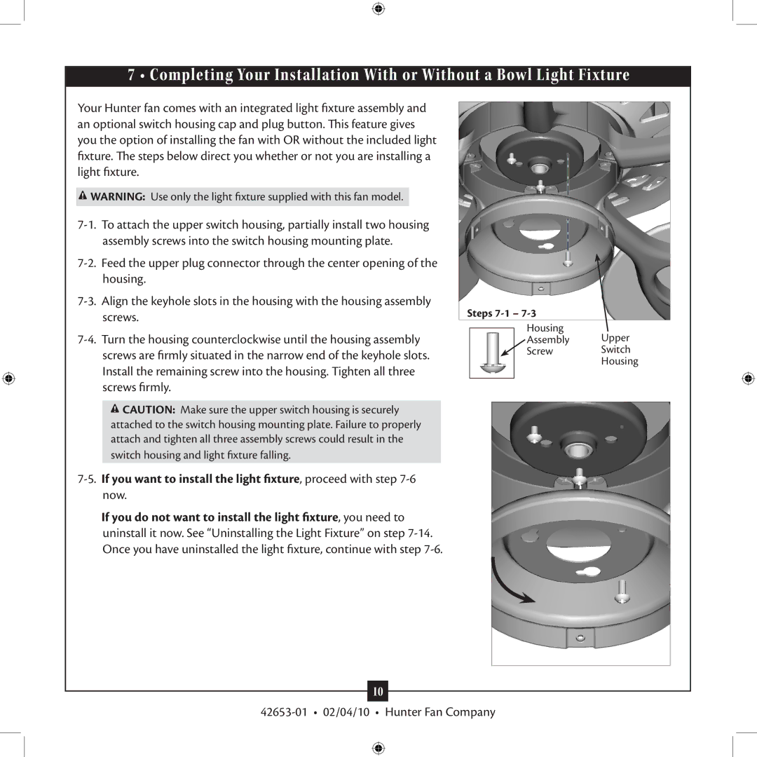 Hunter Fan 42653-01 installation manual Housing Assembly Upper Screw Switch 