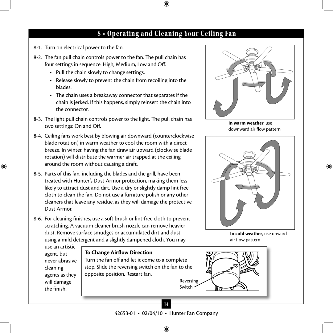 Hunter Fan 42653-01 installation manual Operating and Cleaning Your Ceiling Fan 