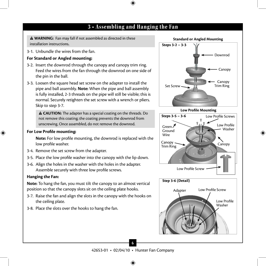 Hunter Fan 42653-01 Assembling and Hanging the Fan, For Standard or Angled mounting, For Low Profile mounting 