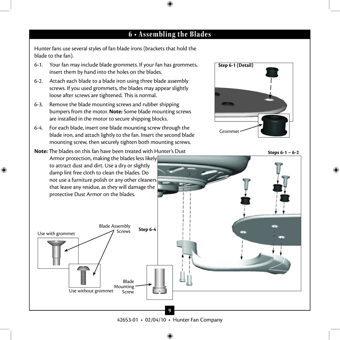 Hunter Fan 42653-01 installation manual Assembling the Blades 