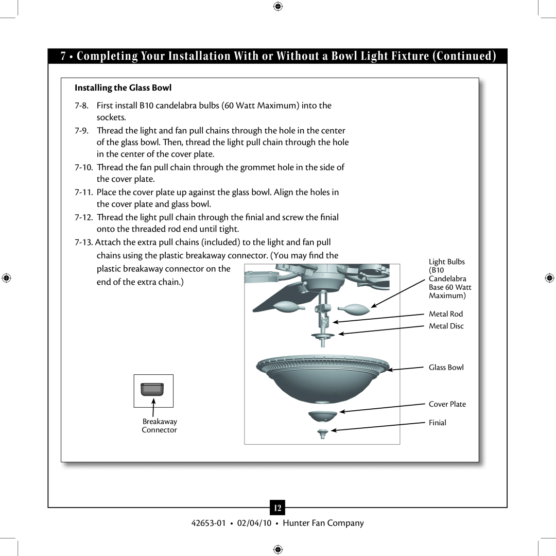 Hunter Fan 42653-01 installation manual Installing the Glass Bowl 