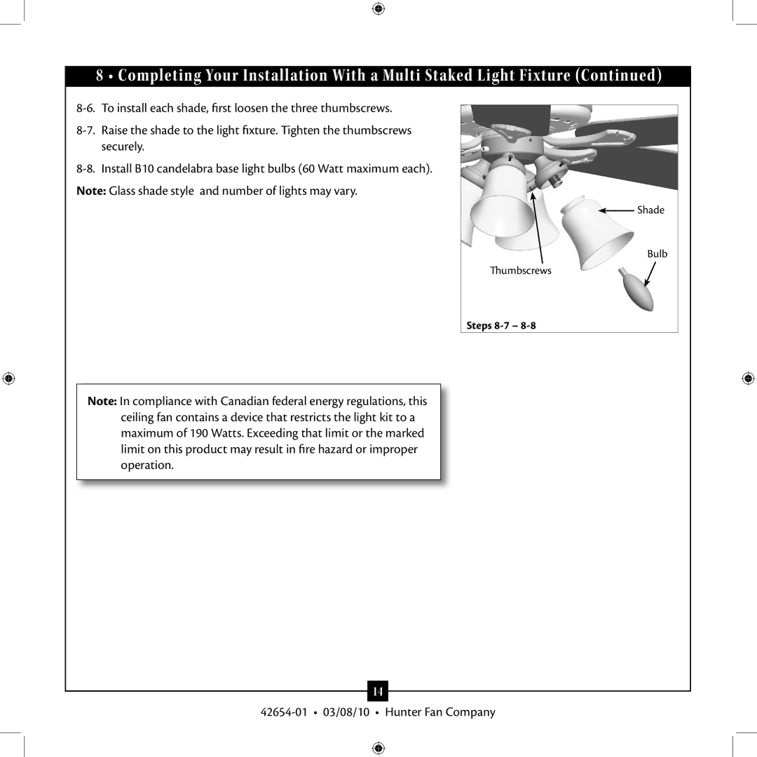 Hunter Fan 42654-01 installation manual Steps 8-7 