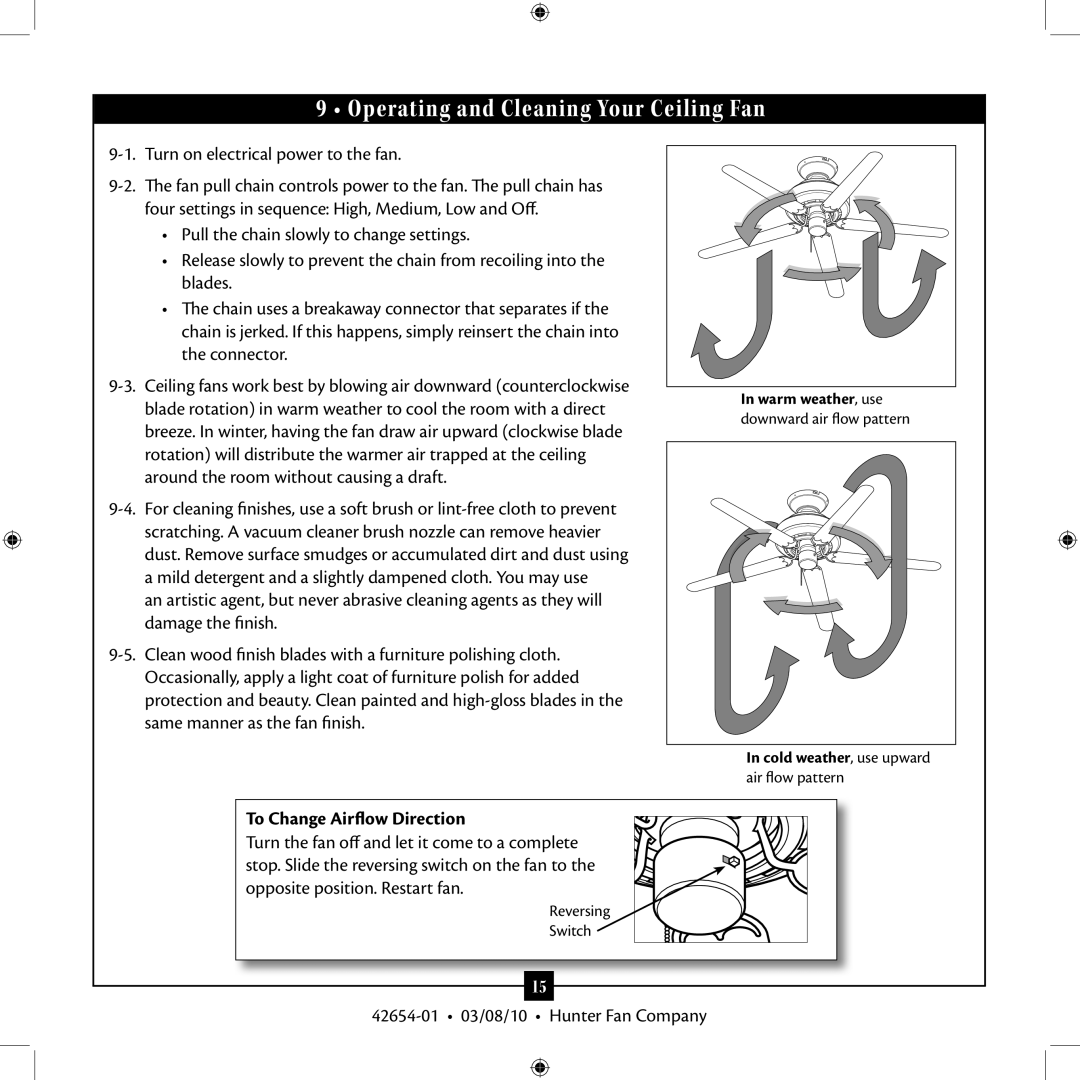 Hunter Fan 42654-01 installation manual Operating and Cleaning Your Ceiling Fan, To Change Airflow Direction 