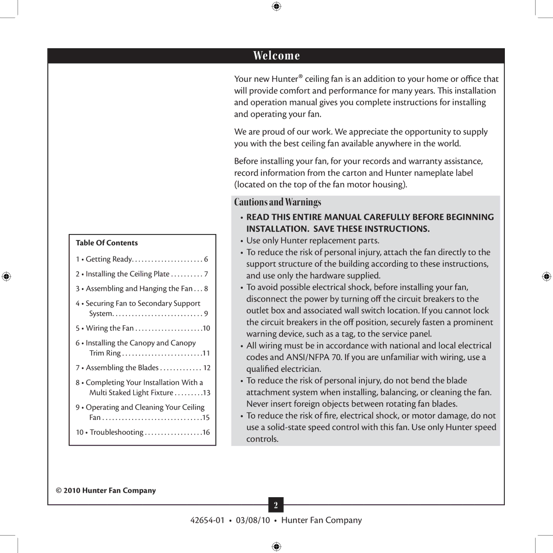 Hunter Fan 42654-01 installation manual Welcome 