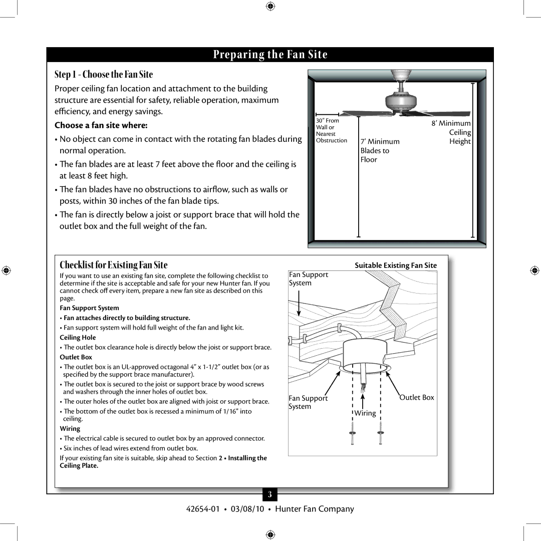 Hunter Fan 42654-01 installation manual Choose the Fan Site, Checklist for Existing Fan Site, Choose a fan site where 