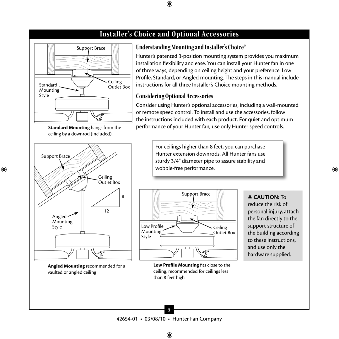 Hunter Fan 42654-01 installation manual Understanding Mounting and Installer’s Choice, Considering Optional Accessories 