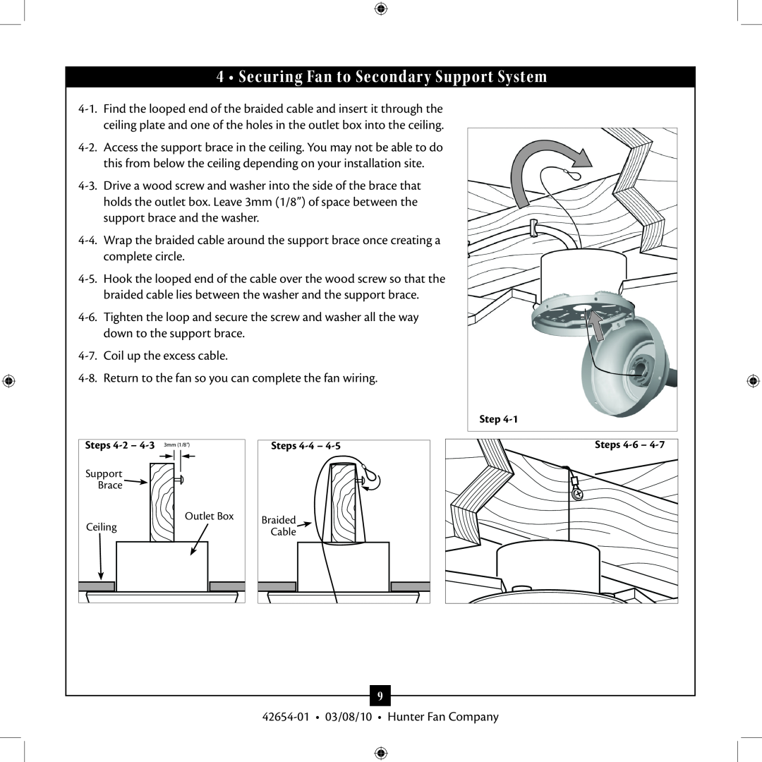 Hunter Fan 42654-01 installation manual Securing Fan to Secondary Support System 