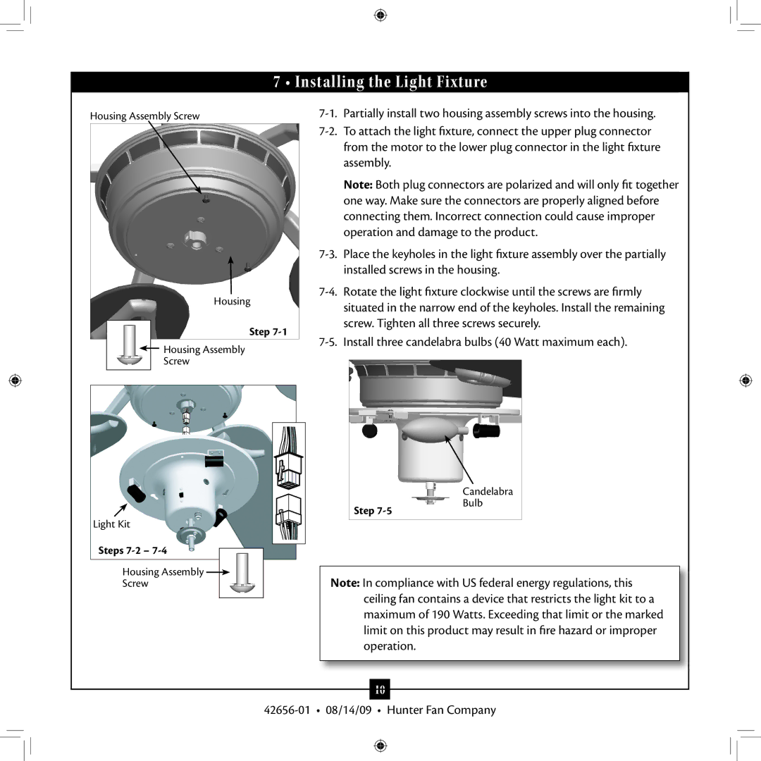 Hunter Fan 42656-01 installation manual Installing the Light Fixture 