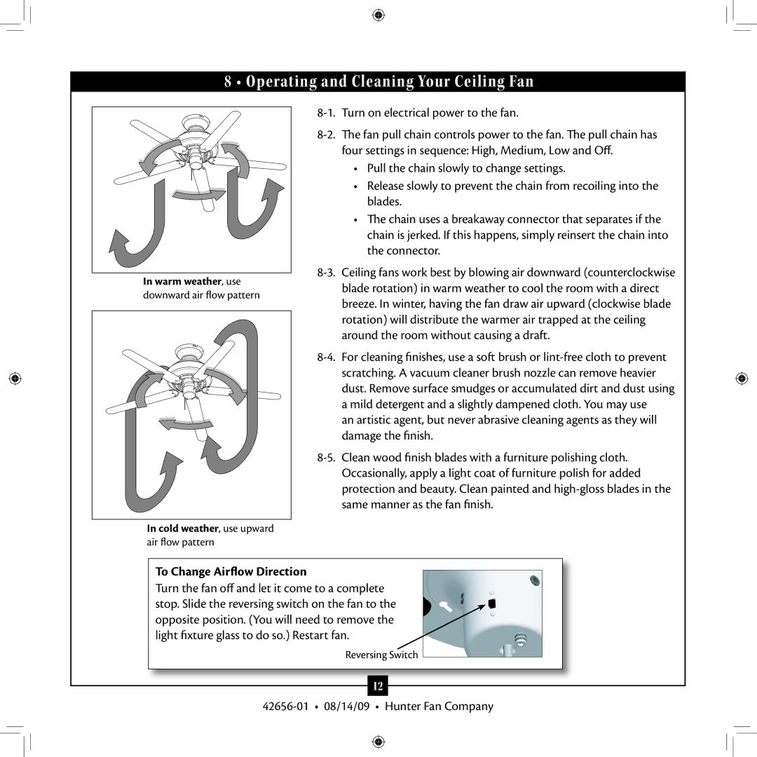 Hunter Fan 42656-01 installation manual Operating and Cleaning Your Ceiling Fan, To Change Airflow Direction 