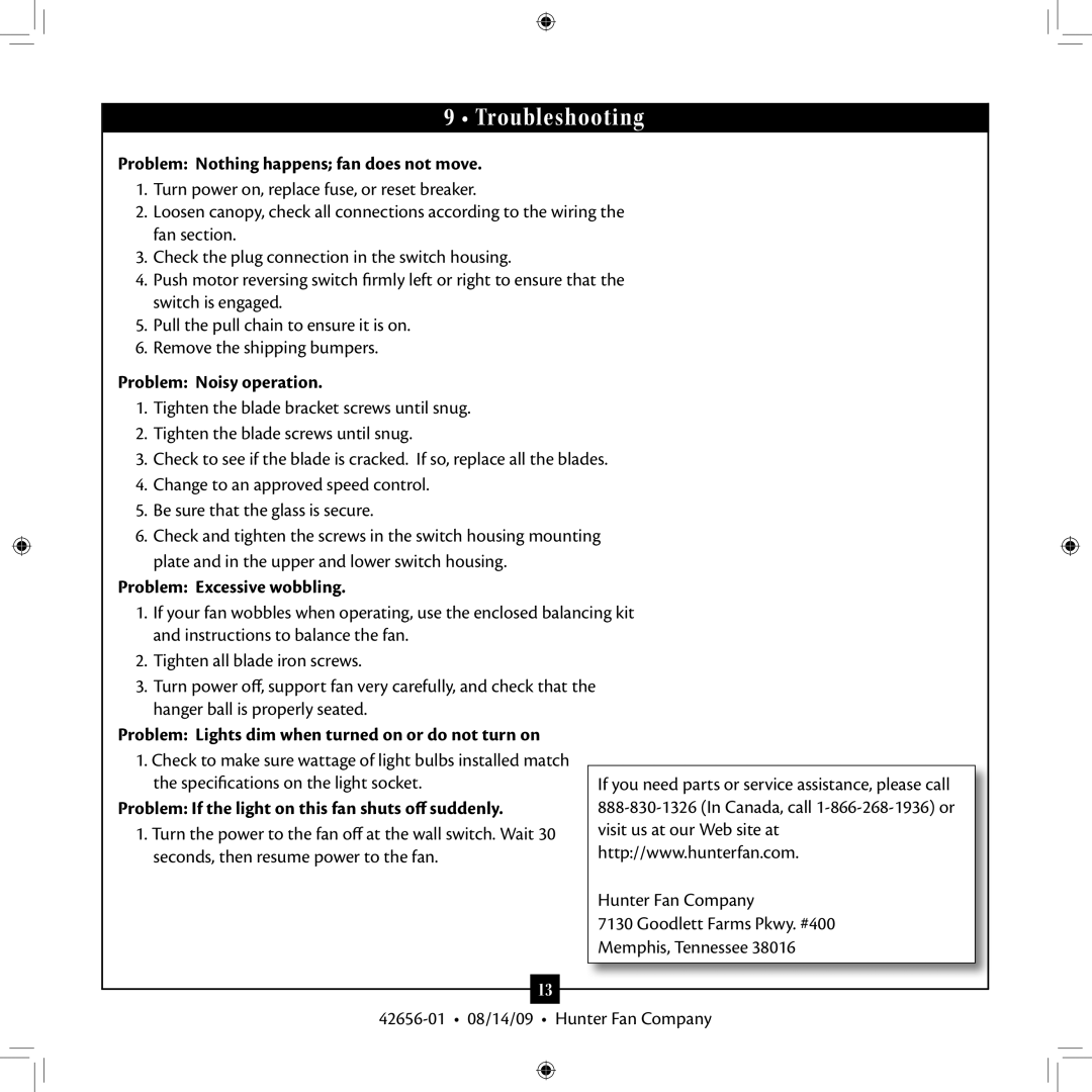 Hunter Fan 42656-01 installation manual Troubleshooting 