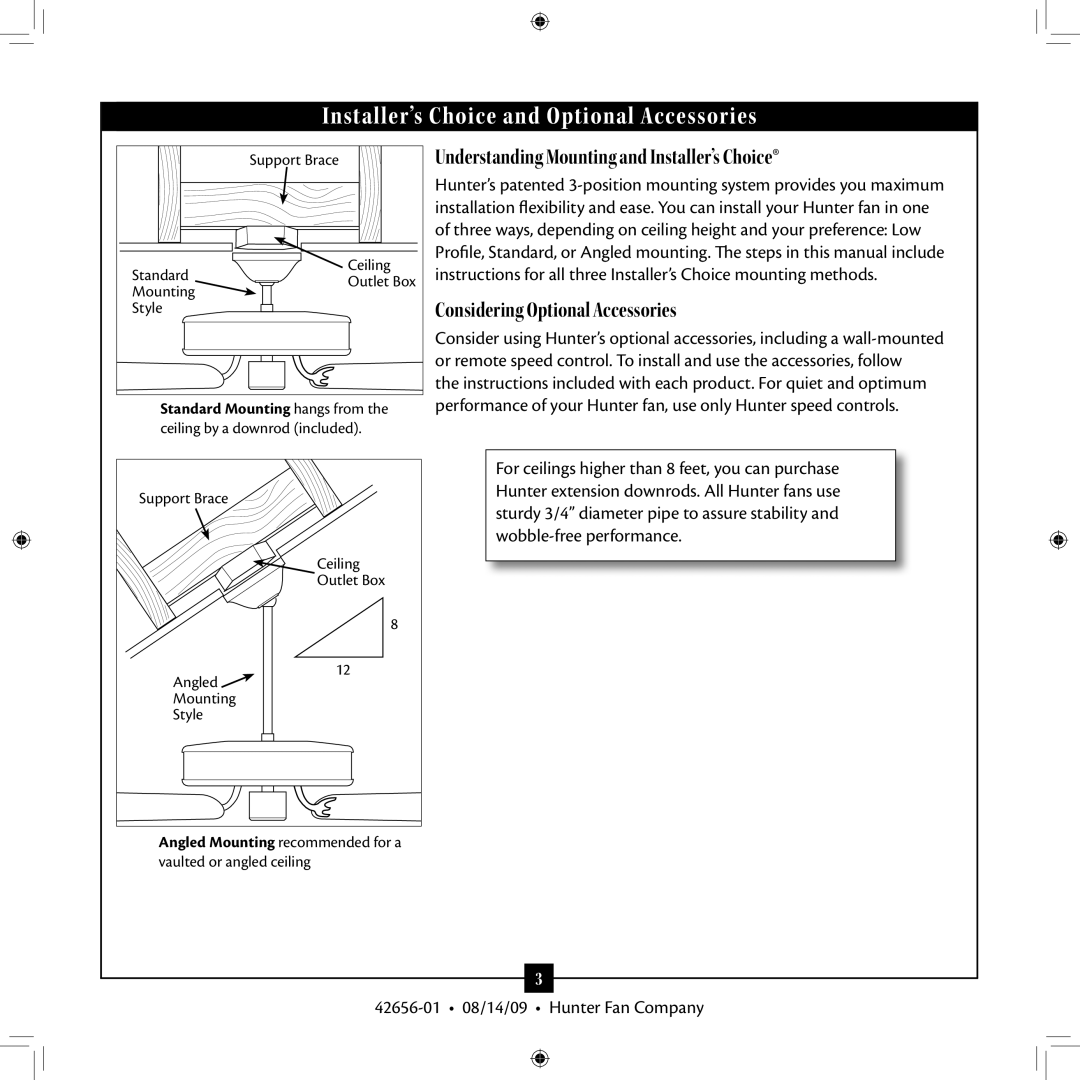 Hunter Fan 42656-01 installation manual Installer’s Choice and Optional Accessories 