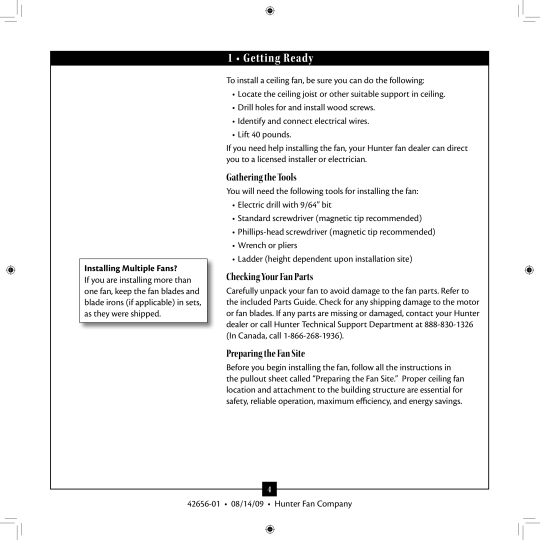 Hunter Fan 42656-01 installation manual Getting Ready, Installing Multiple Fans? 