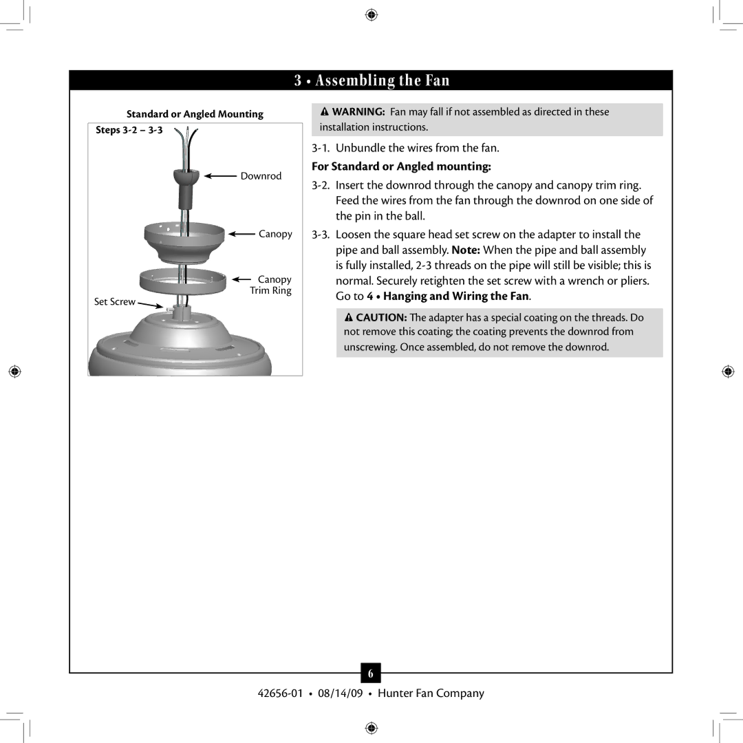 Hunter Fan 42656-01 installation manual Assembling the Fan, For Standard or Angled mounting 