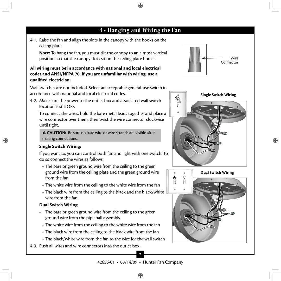 Hunter Fan 42656-01 installation manual Hanging and Wiring the Fan, Single Switch Wiring, Dual Switch Wiring 