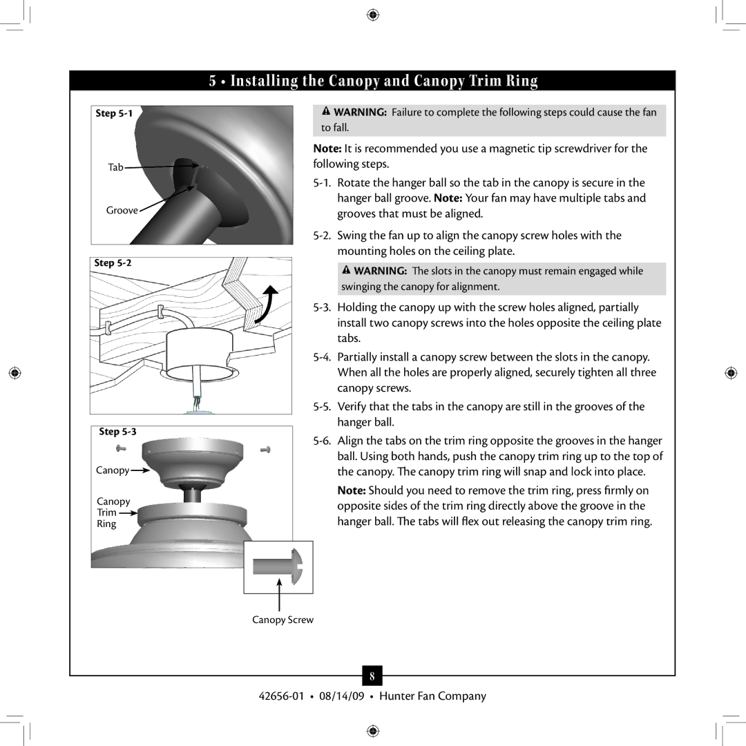 Hunter Fan 42656-01 installation manual Installing the Canopy and Canopy Trim Ring 