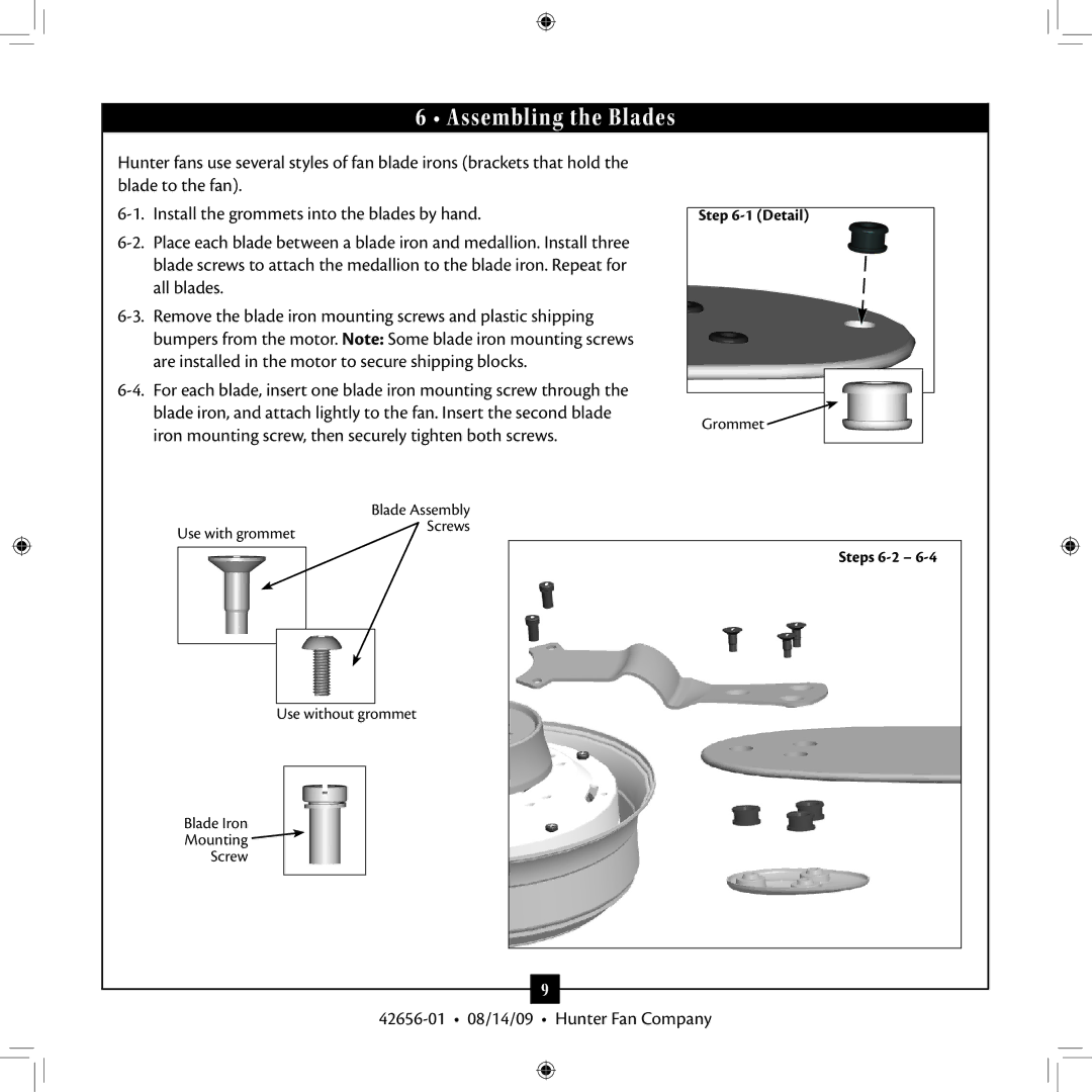 Hunter Fan 42656-01 installation manual Assembling the Blades 