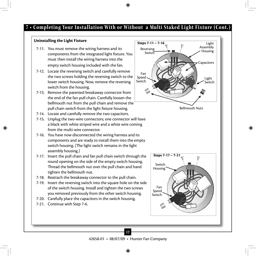 Hunter Fan 42658-01 installation manual Uninstalling the Light Fixture 