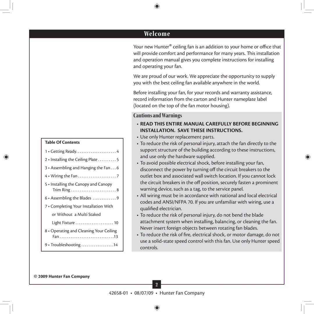 Hunter Fan 42658-01 installation manual Welcome 