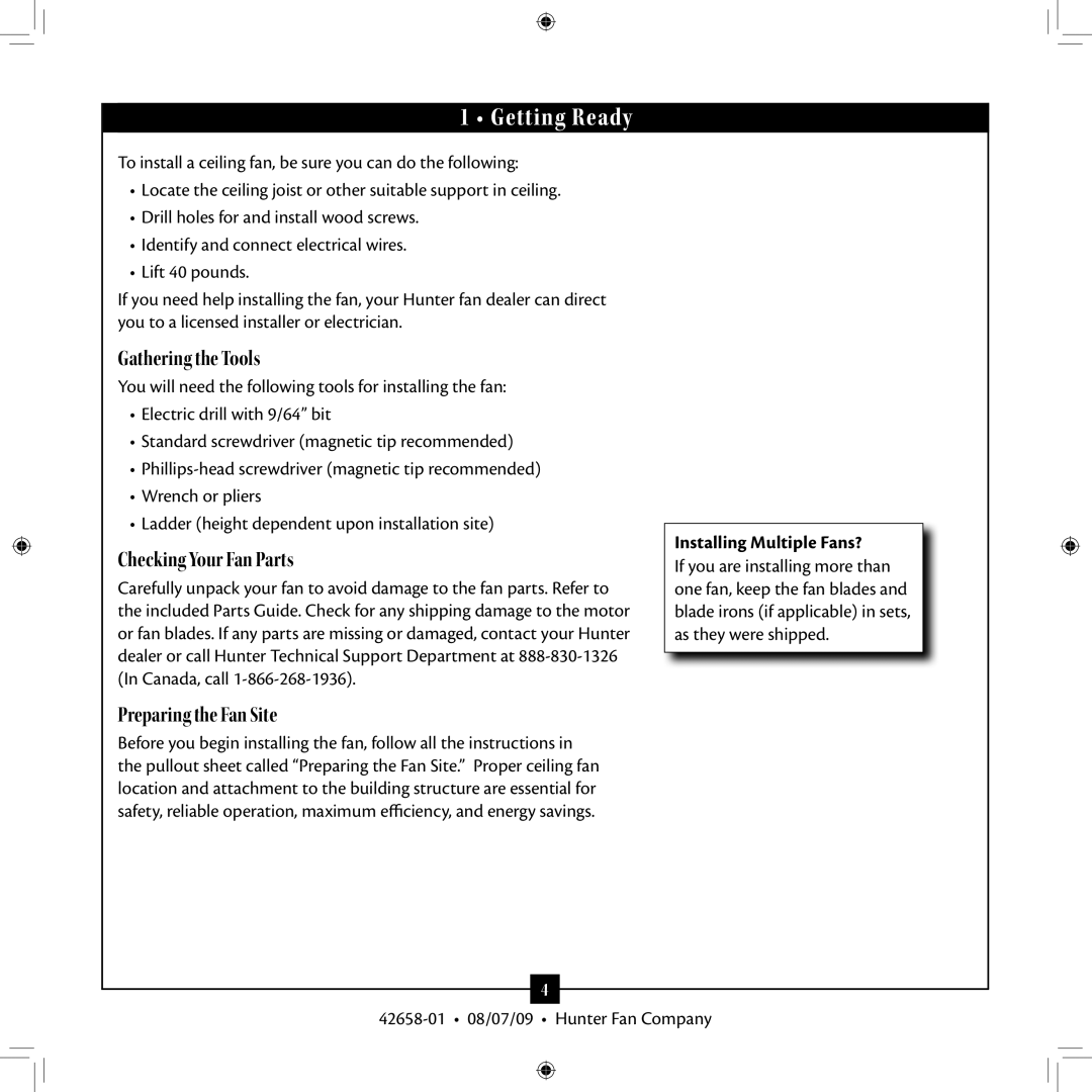 Hunter Fan 42658-01 installation manual Getting Ready, Installing Multiple Fans? 