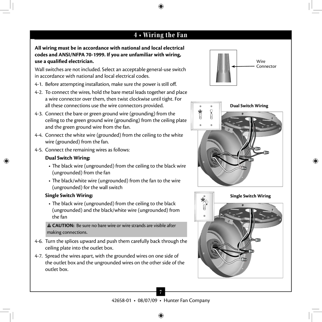 Hunter Fan 42658-01 installation manual Wiring the Fan, Dual Switch Wiring, Single Switch Wiring 