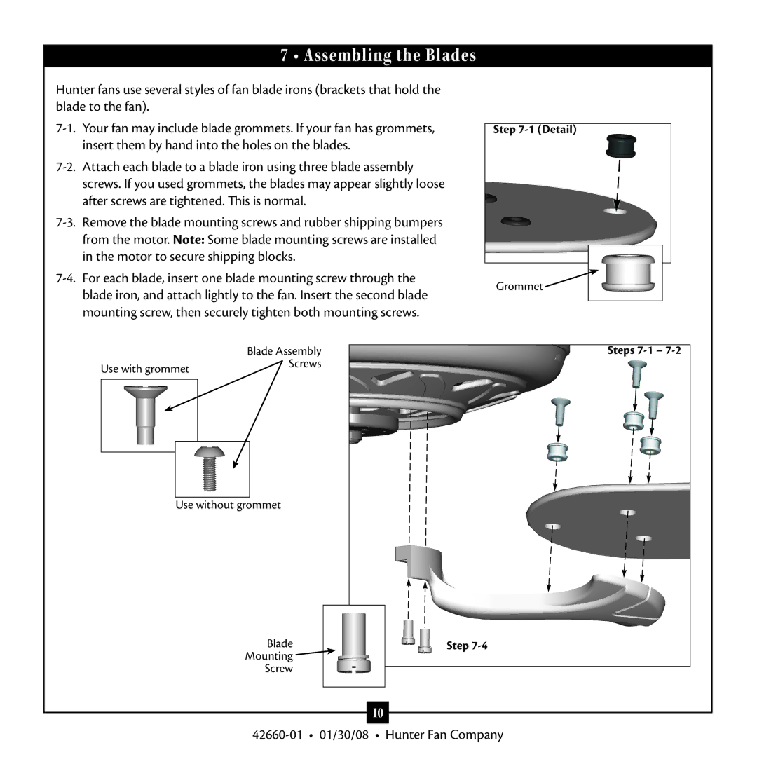 Hunter Fan 42660-01 warranty Assembling the Blades 