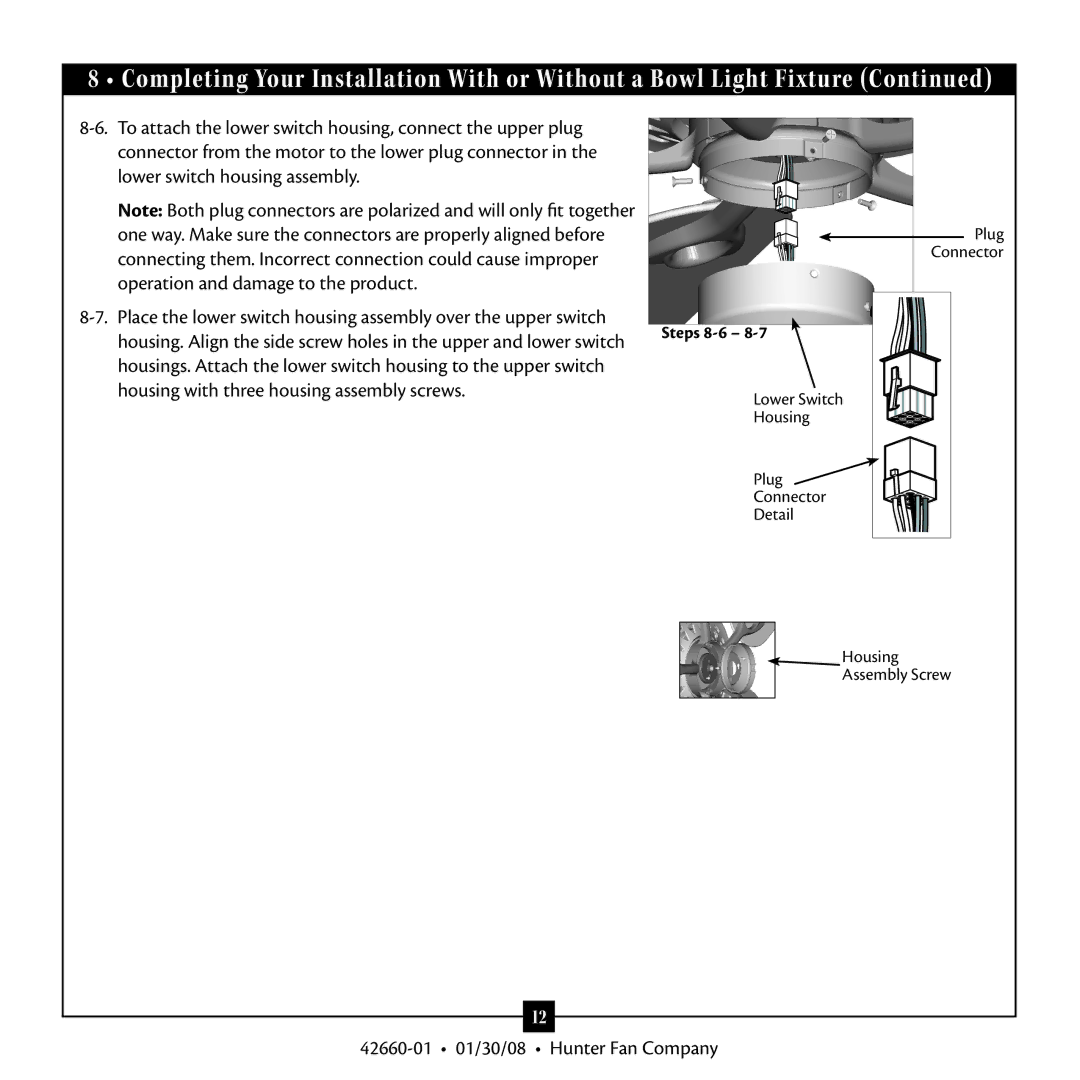 Hunter Fan 42660-01 warranty Steps 8-6 