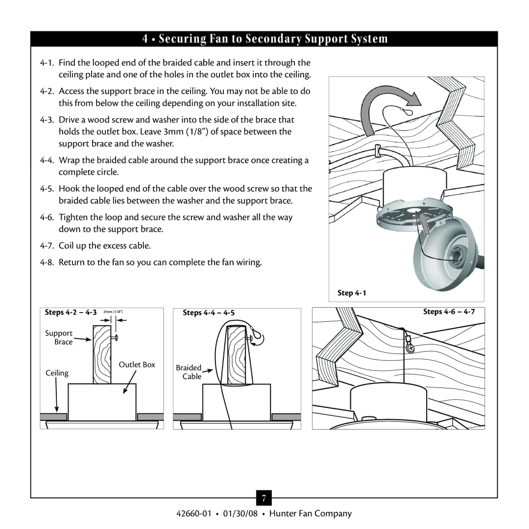 Hunter Fan 42660-01 warranty Securing Fan to Secondary Support System 