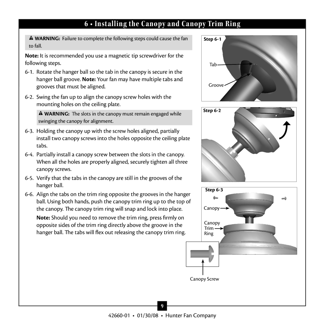 Hunter Fan 42660-01 warranty Installing the Canopy and Canopy Trim Ring 