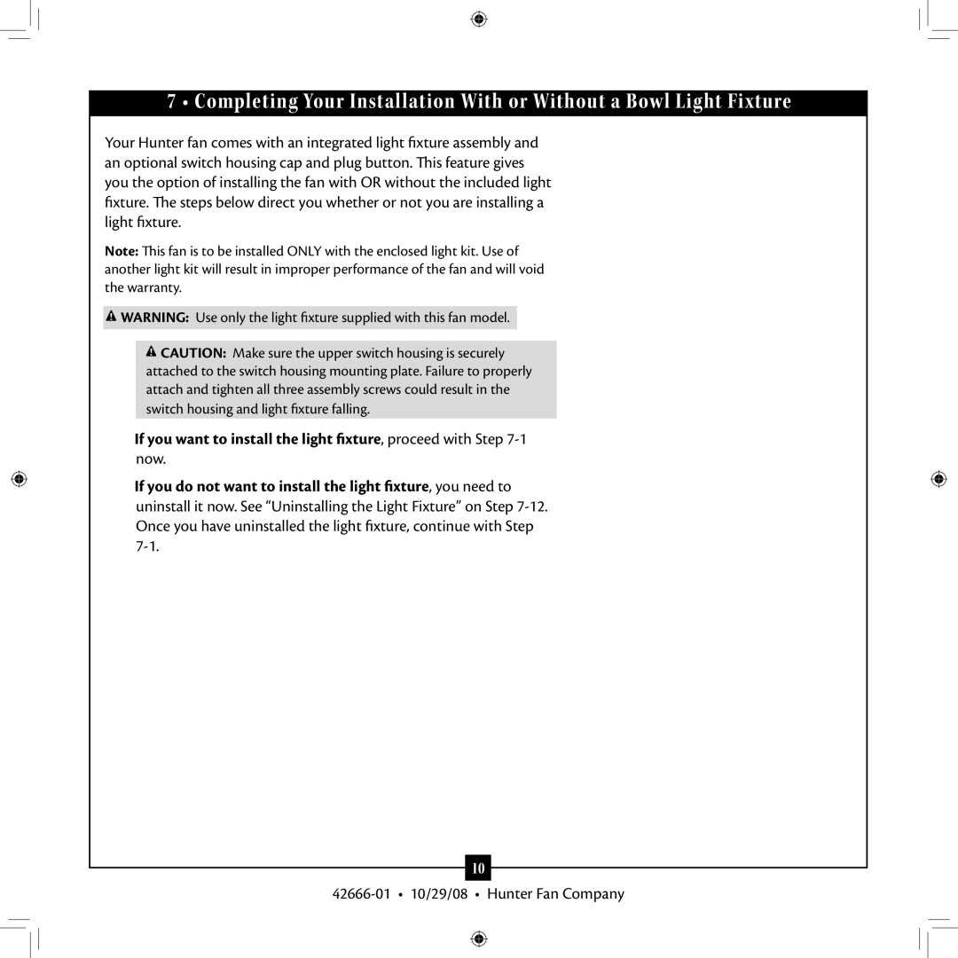 Hunter Fan 42666-01 installation manual 