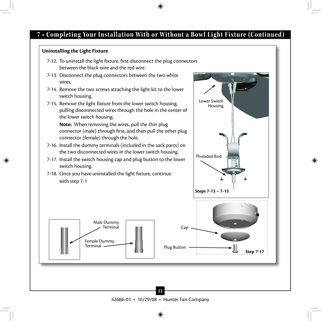 Hunter Fan 42666-01 installation manual Uninstalling the Light Fixture 