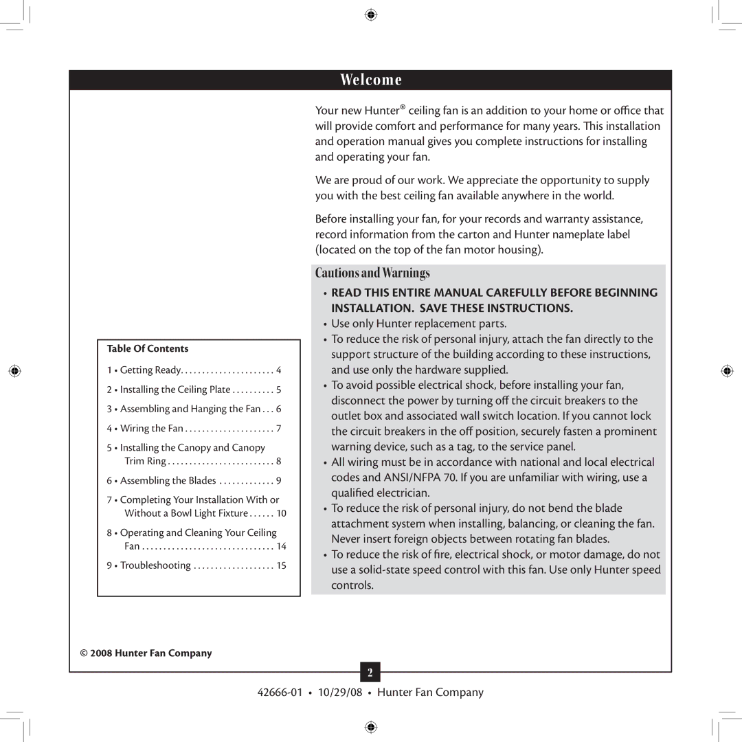 Hunter Fan 42666-01 installation manual Welcome 