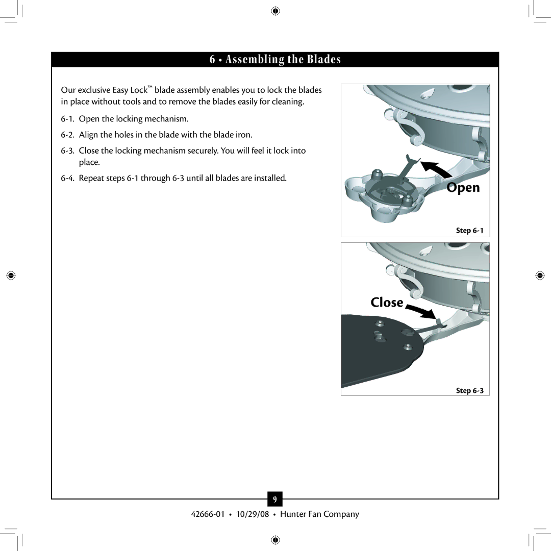 Hunter Fan 42666-01 installation manual Close, Assembling the Blades 