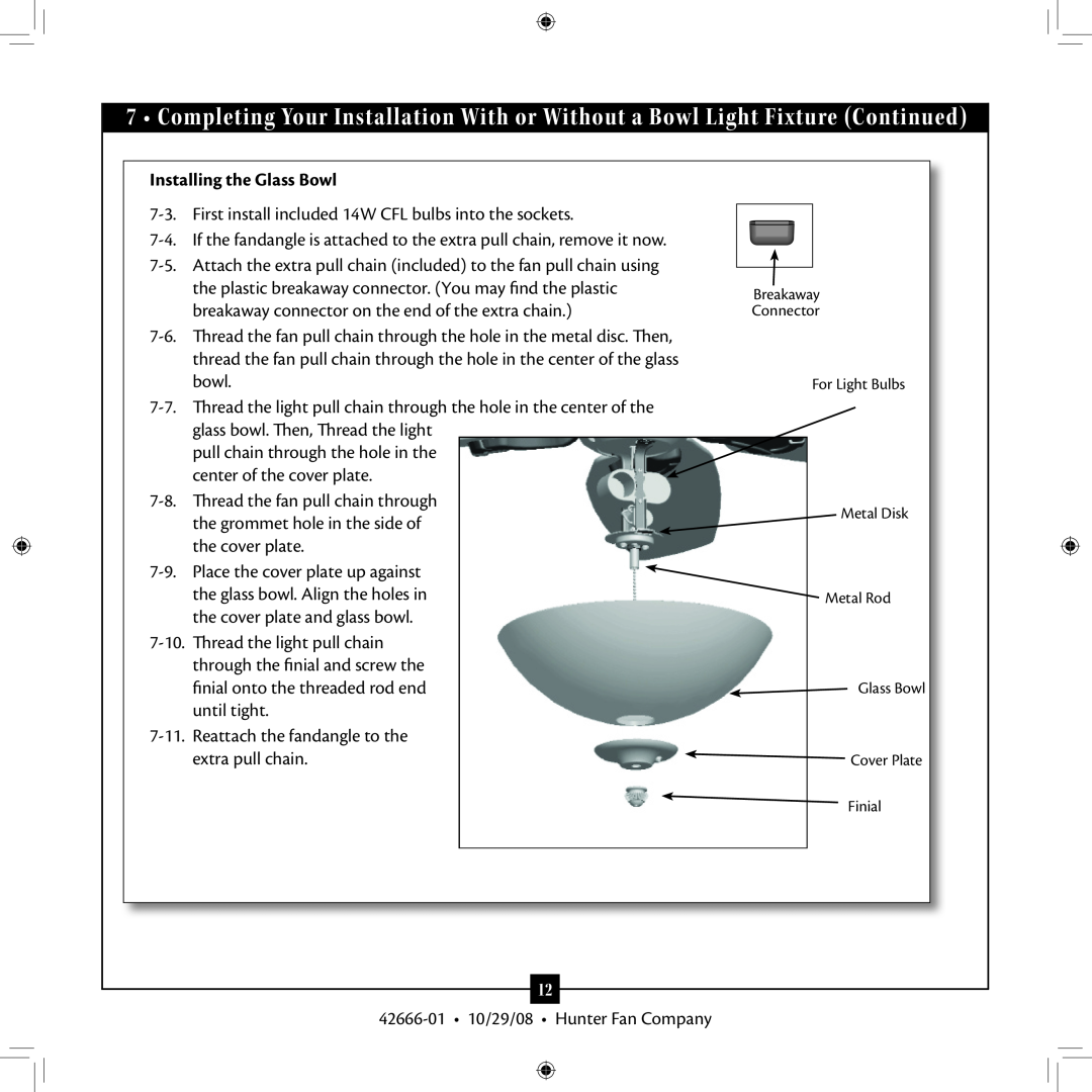 Hunter Fan 42666-01 installation manual Installing the Glass Bowl 