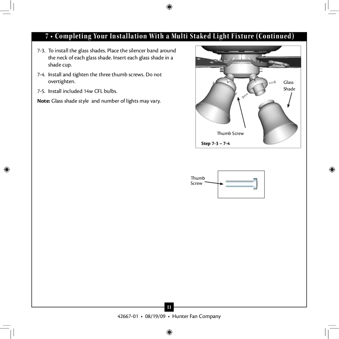 Hunter Fan 42667-01 installation manual Thumb Screw Glass Shade 