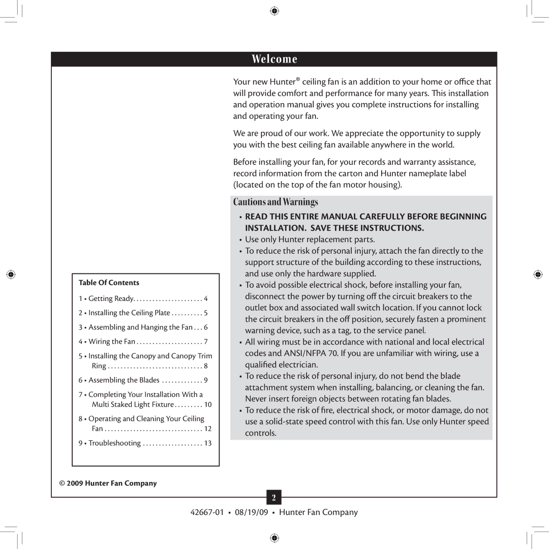 Hunter Fan 42667-01 installation manual Welcome 