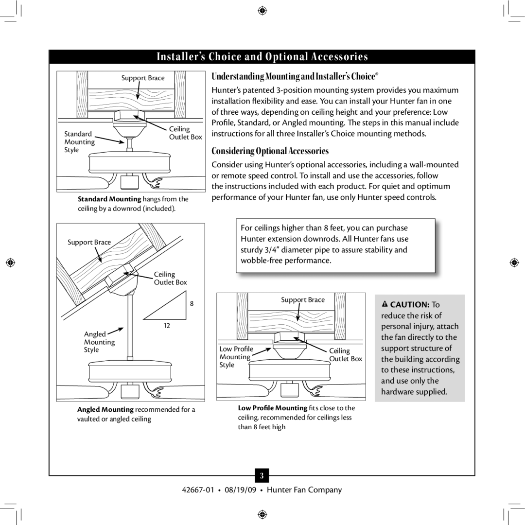 Hunter Fan 42667-01 installation manual Installer’s Choice and Optional Accessories 