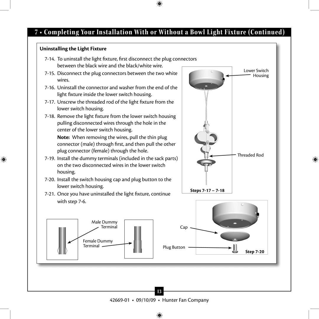 Hunter Fan Type 2 Models, 42669-01 installation manual Uninstalling the Light Fixture 