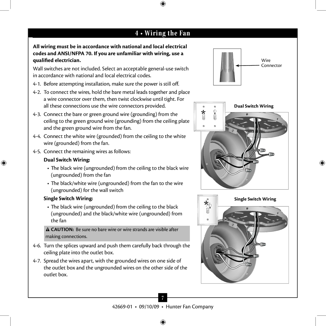 Hunter Fan Type 2 Models, 42669-01 installation manual Wiring the Fan, Dual Switch Wiring, Single Switch Wiring 