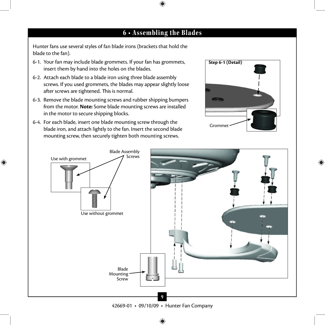 Hunter Fan Type 2 Models, 42669-01 installation manual Assembling the Blades 