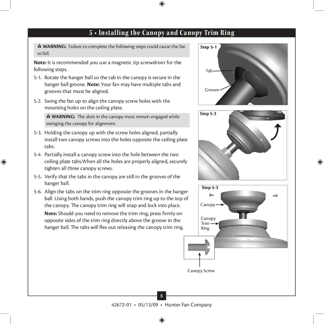 Hunter Fan 42672-01 installation manual Installing the Canopy and Canopy Trim Ring 