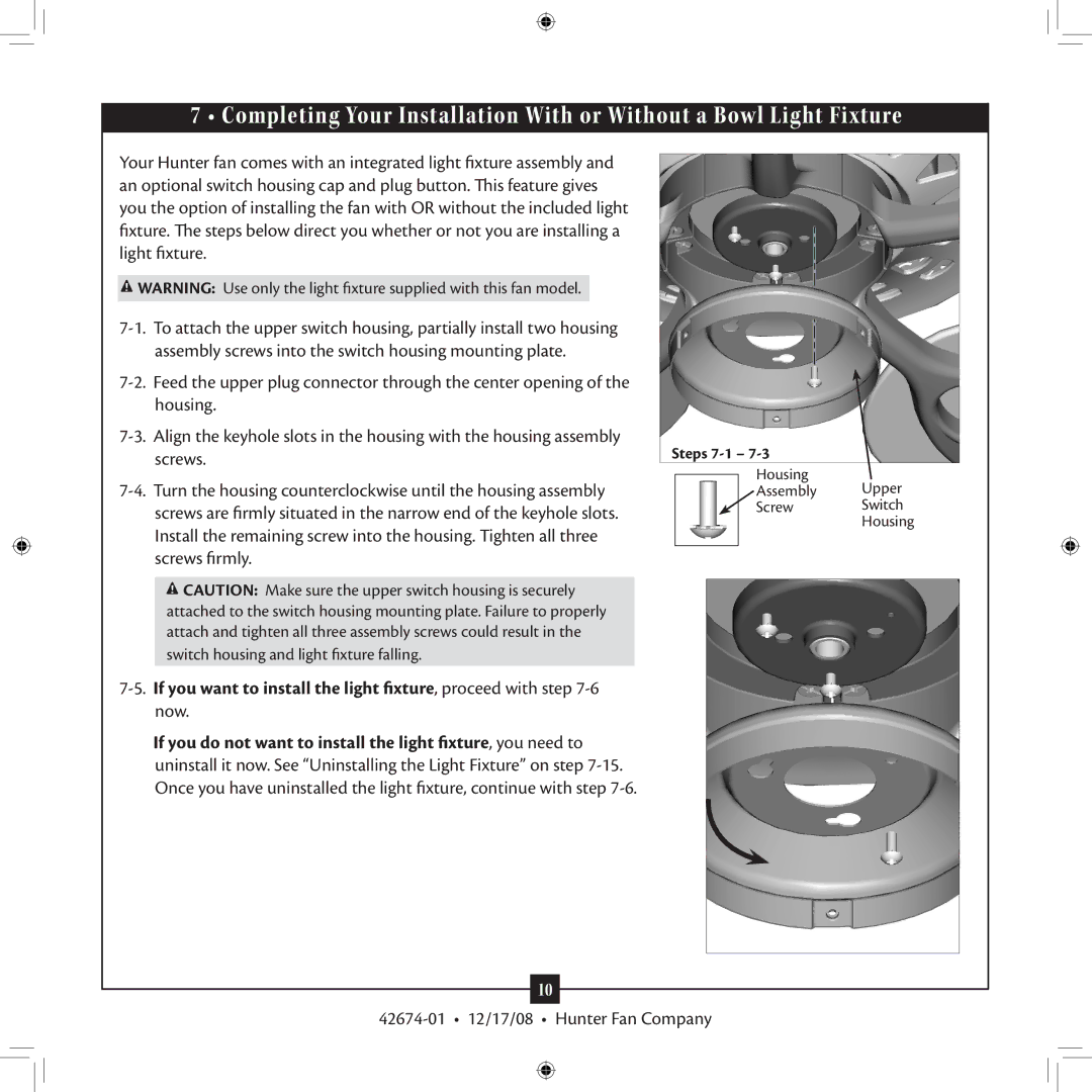 Hunter Fan 42674-01 installation manual Housing Assembly Upper Screw Switch 