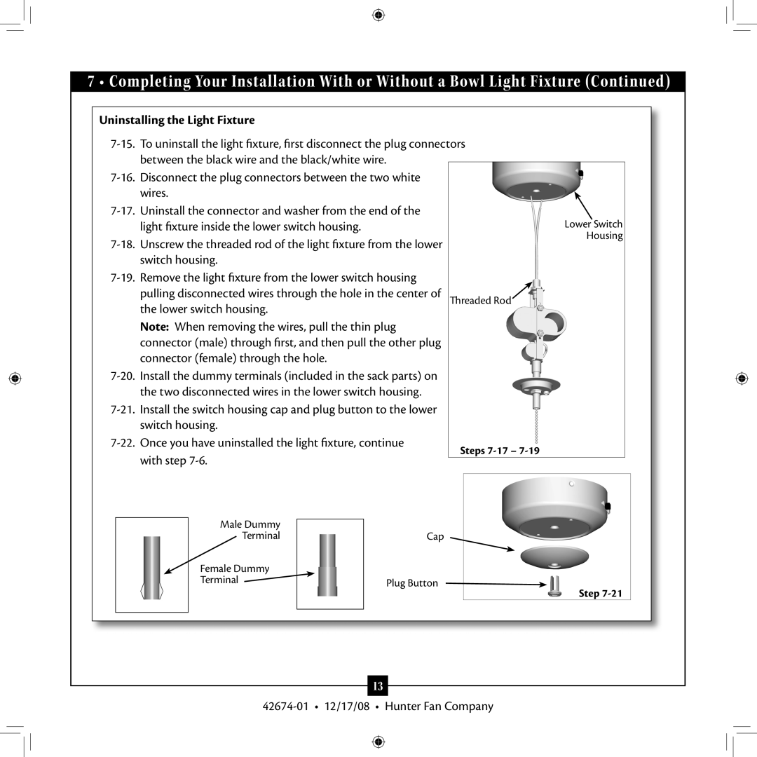 Hunter Fan 42674-01 installation manual Uninstalling the Light Fixture 