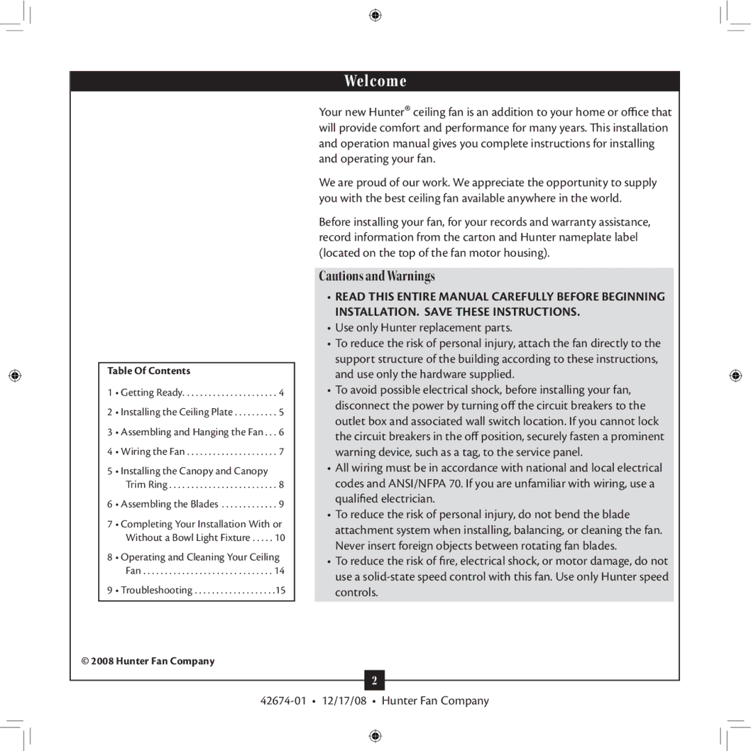 Hunter Fan 42674-01 installation manual Welcome 