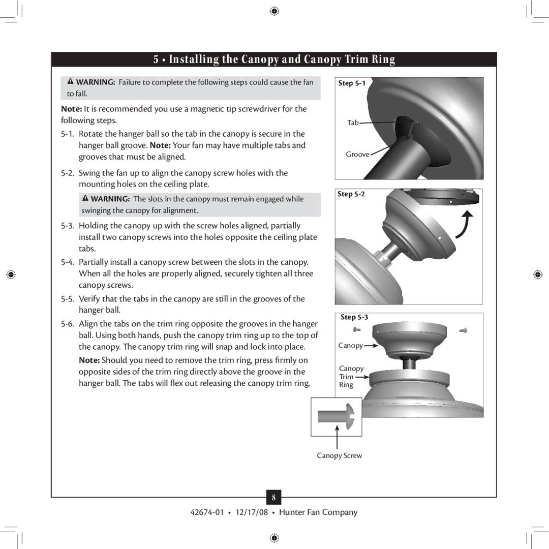 Hunter Fan 42674-01 installation manual Installing the Canopy and Canopy Trim Ring 