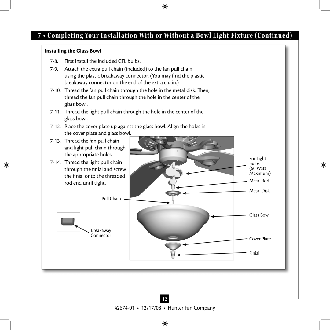 Hunter Fan 42674-01 installation manual Installing the Glass Bowl 