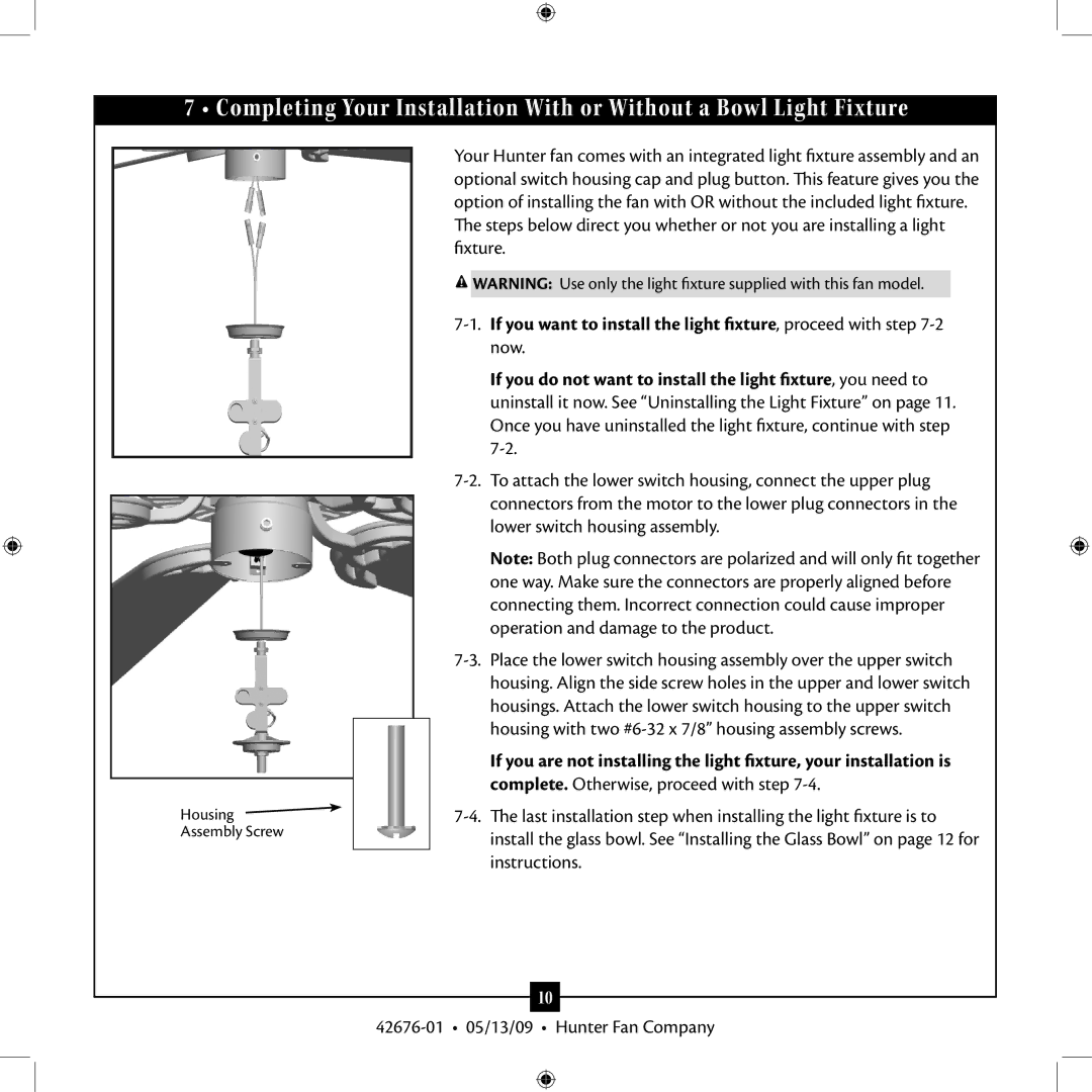 Hunter Fan 42676-01 installation manual 