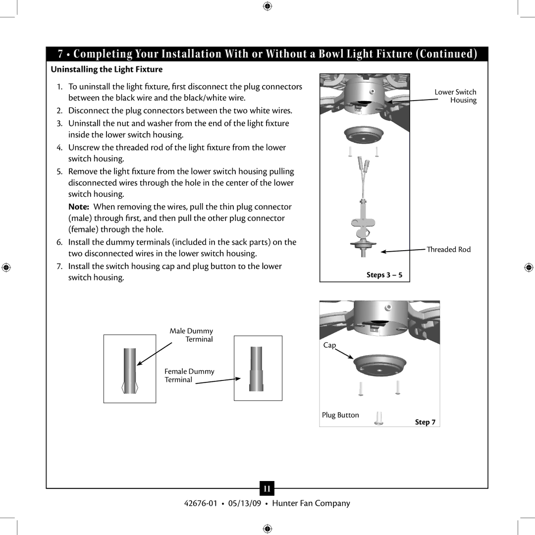 Hunter Fan 42676-01 installation manual Uninstalling the Light Fixture 