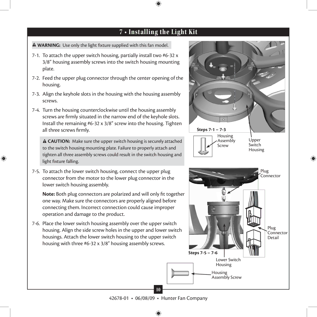 Hunter Fan 42678-01 installation manual Installing the Light Kit 